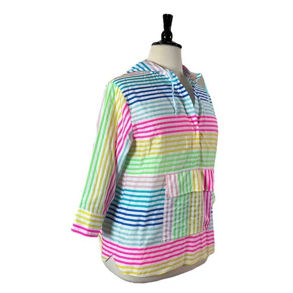 VILAGGO Top Pullover Hoodie Front Pocket White Pink Stripes Euro Size 46 XL - Picture 3 of 13